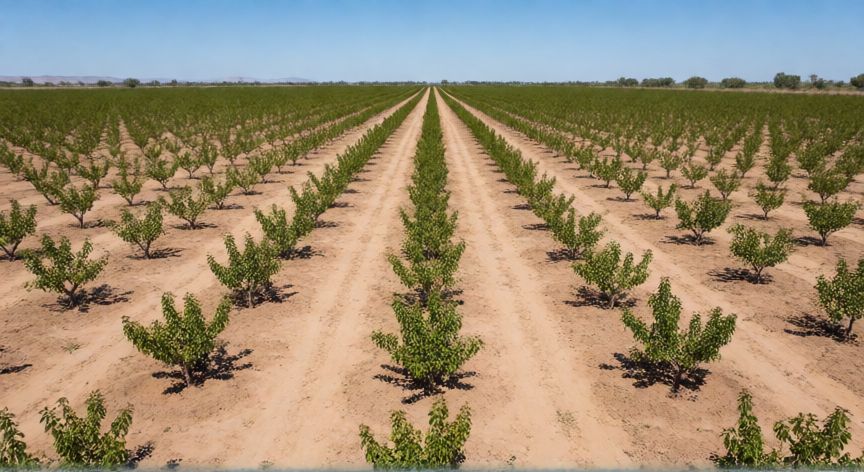 Parcela preparada con surcos para plantar árboles de pistacho en suelo arenoso