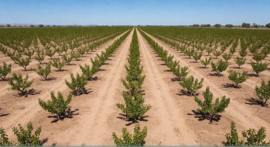 Jóvenes pistacheros recién plantados en suelo mediterráneo seco con tutores de madera