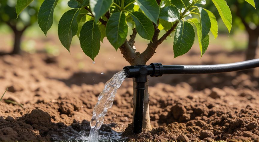 como plantar pistachos, Sistema de riego por goteo aplicando agua a la base de un joven árbol de pistacho