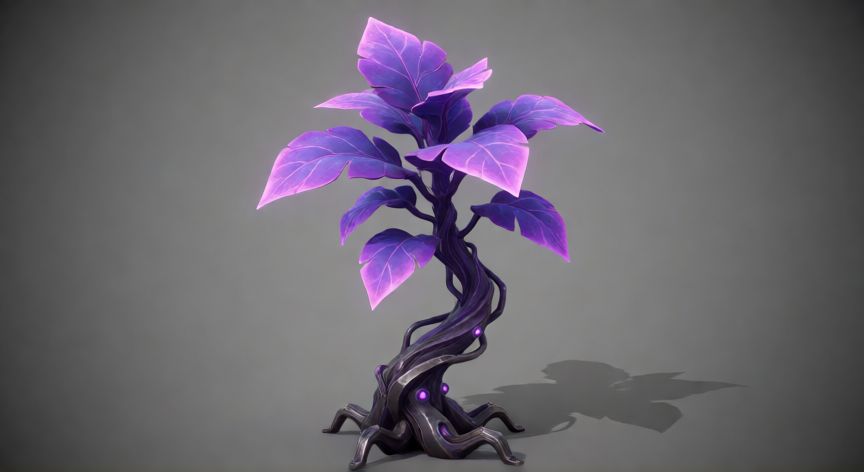 como plantar planta x ark, Modelo 3D de la planta X_Ark con hojas brillantes y tallo metálico oscuro