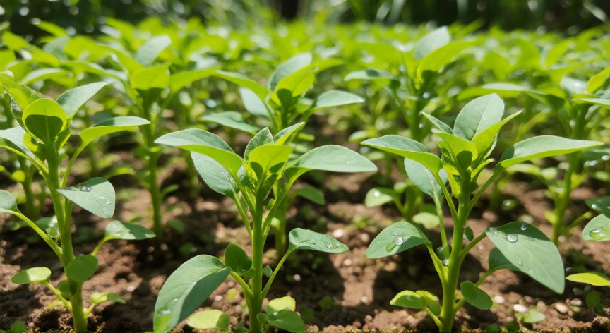 como plantar quelites, Plántulas de quelites jóvenes creciendo en un huerto soleado