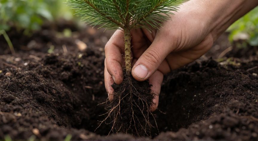 como plantar queñua, Manos plantando una joven queñua en un agujero profundo con tierra fértil