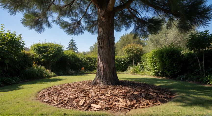 como plantar queñua, Queñua madura en un jardín con capa de mulch orgánico a la base del tronco