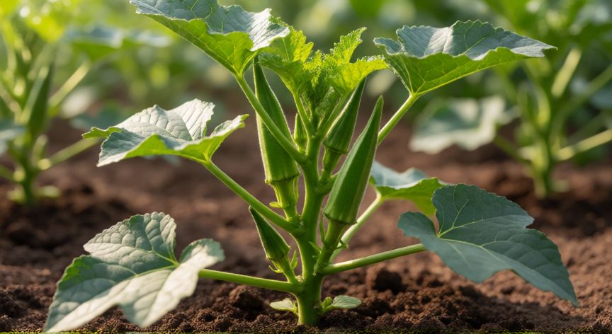 como plantar quiabo, Planta de quiabo joven creciendo en tierra fértil con buena iluminación solar