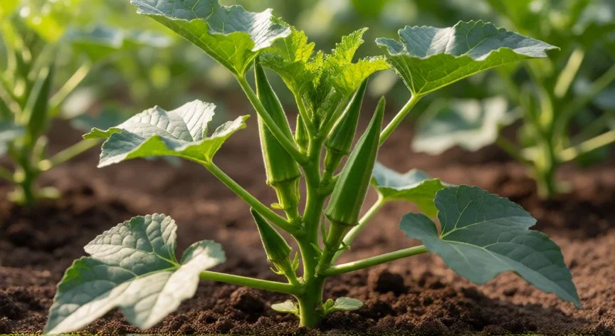 Planta de quiabo joven creciendo en tierra fértil con buena iluminación solar