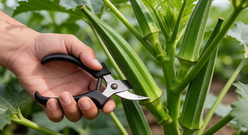 como plantar quiabo, Manos cosechando frutos de quiabo verdes con tijeras de podar en un huerto