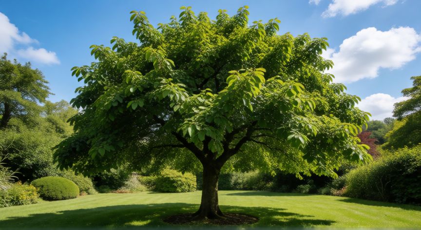 como plantar quillay, Arbol de Quillay adulto con follaje denso en un jardin soleado