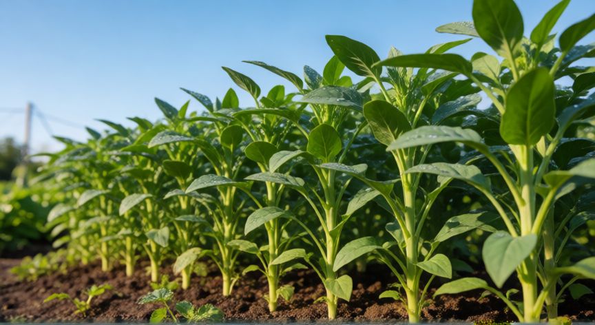 como plantar quinoa, Plántulas de quinoa creciendo en un huerto soleado
