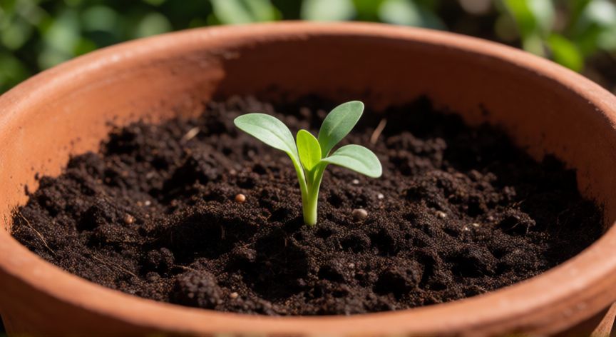 como plantar quinotos en macetas, Maceta profunda con tierra y una plántula de quinoto bajo el sol