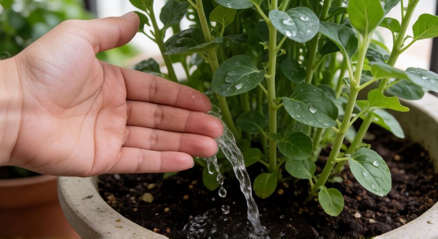 como plantar quinotos en macetas, Riego cuidadoso de una planta de quinotos en maceta con agua