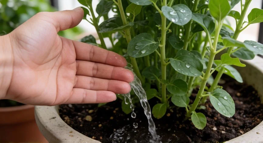 como plantar quinotos en macetas, Mano comprobando humedad del sustrato en maceta de quinoto joven