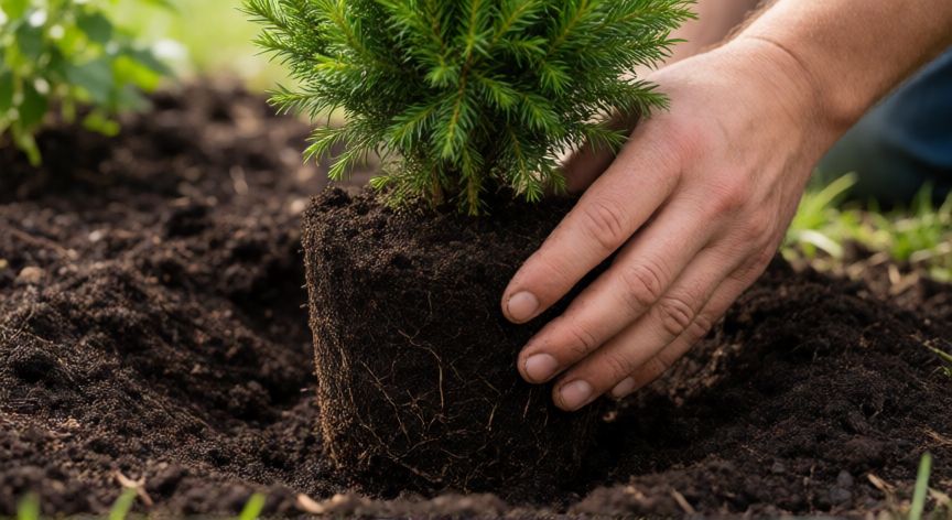 como plantar quirquiña, Jardiner plantando una maceta de quirquina en un hoyo preparado con compost