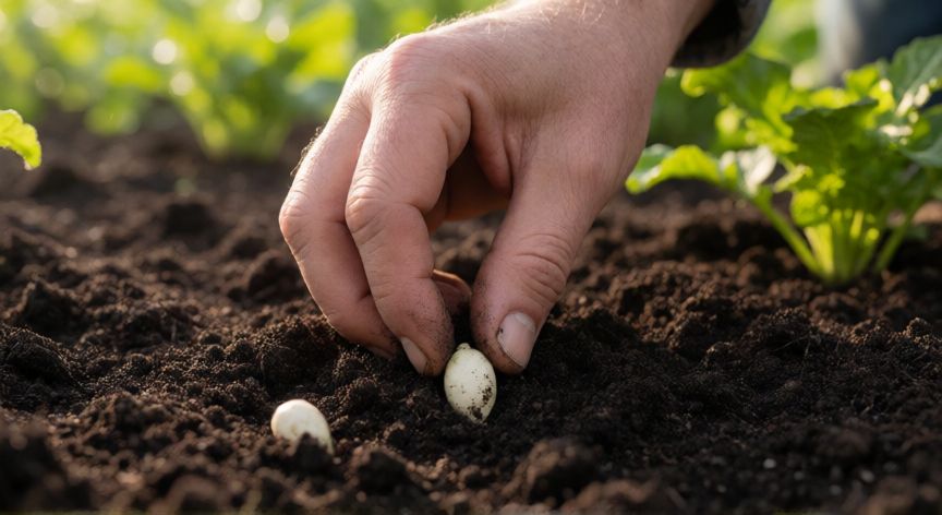 como plantar rabanos, Manos plantando semillas de rábano en la tierra suelta del huerto