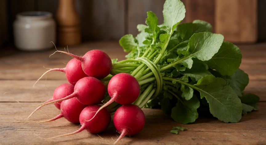 como plantar rabanos, Rábanos recién cosechados con sus hojas sobre una mesa de madera