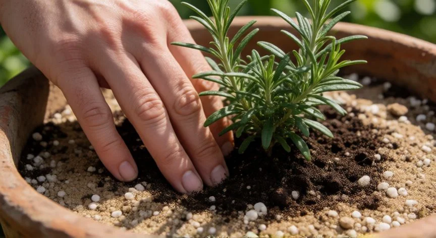 Plantando una planta joven de romero en una maceta de terracota con sustrato arenoso