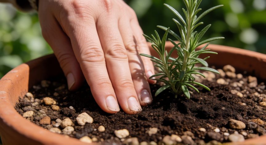 como plantar romero en maceta, Manos plantando una planta joven de romero en una maceta de barro con sustrato arenoso.