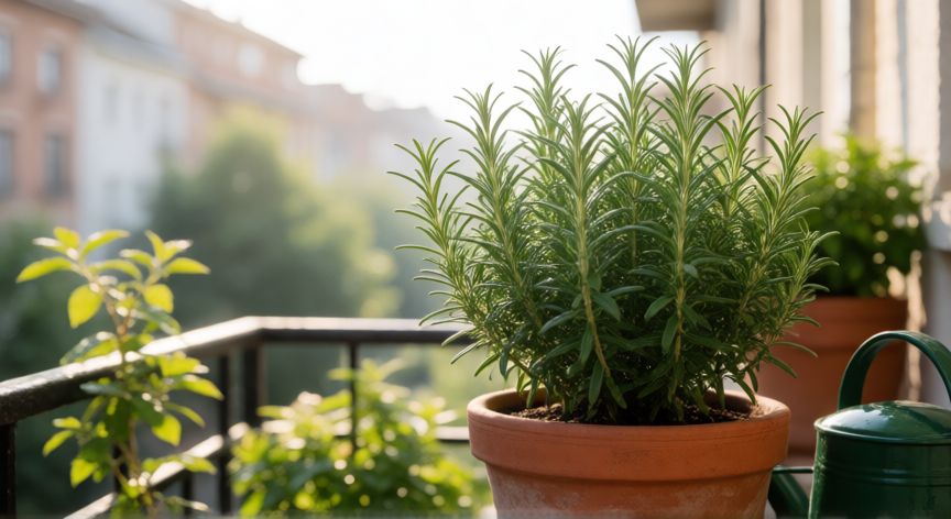 como plantar romero en maceta, Maceta con romero sano y frondoso en una terraza soleada con un regadera al lado.