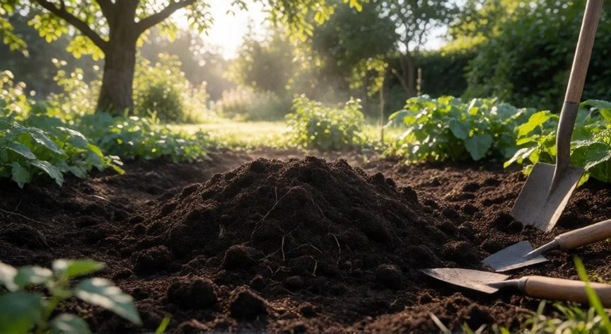 Manos plantando un rosal a raíz desnuda en un hoyo con compost y tierra rica