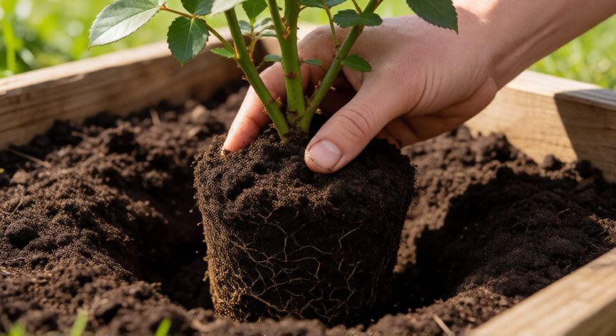 como plantar rosales, Plantación correcta del rosal con el punto de injerto visible por encima del suelo