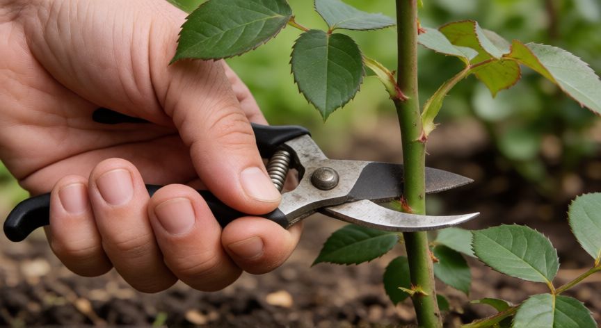 como plantar rosales con esquejes, Corte de esqueje de rosal con tijeras de podar