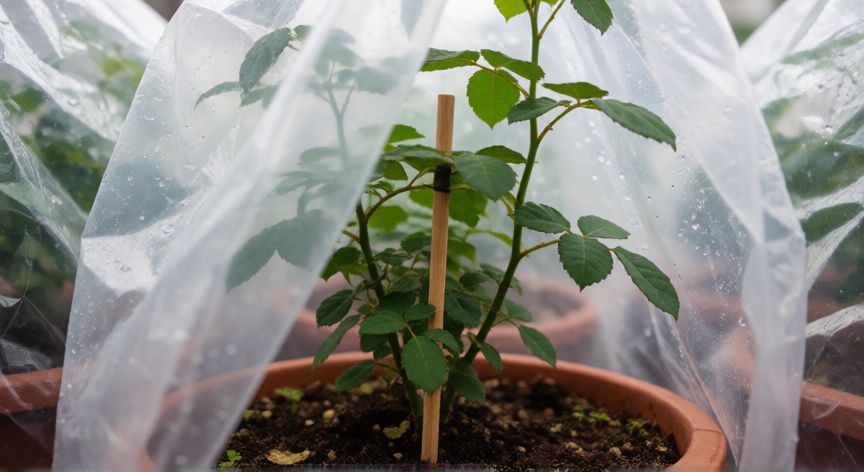 como plantar rosales con esquejes, Esqueje de rosal en maceta con tutor y bolsa de plástico