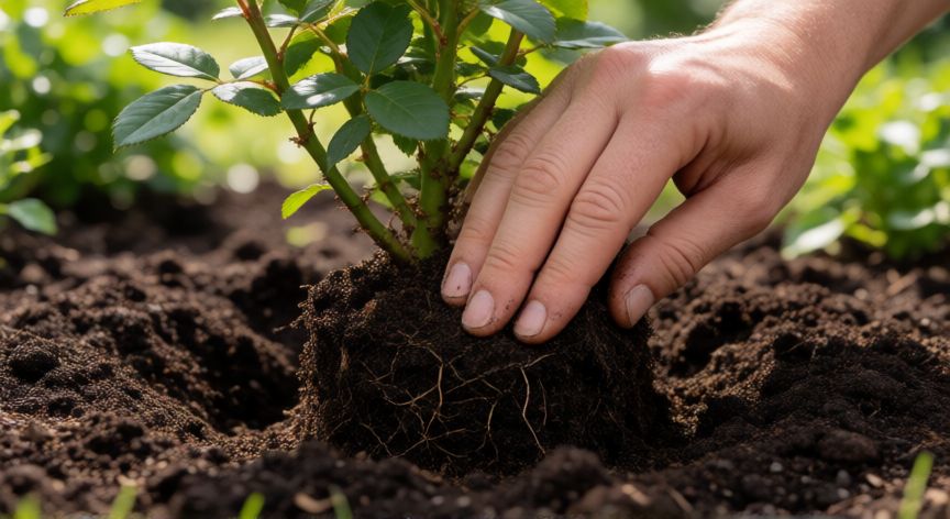 como plantar rosas, Manos plantando un rosario en tierra fértil con compost