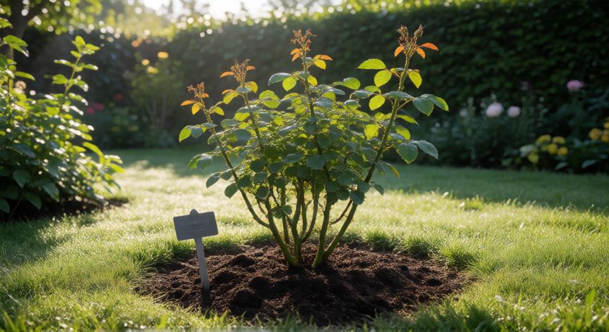 como plantar rosas, Rosal recién plantado y podado en un jardín soleado