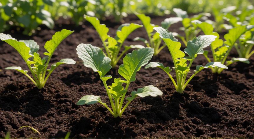 como plantar rucula, Plántulas de rúcula jóvenes creciendo en un huerto soleado