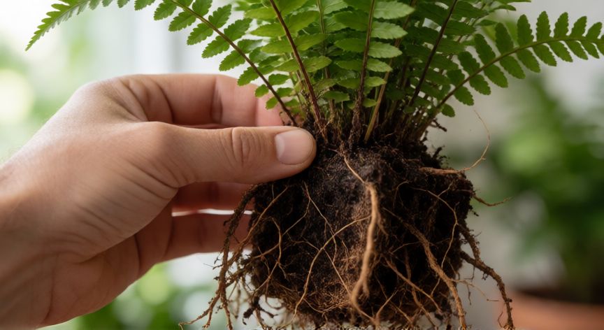 como plantar samambaia no xaxim, Mãos plantando samambaia em fibra de xaxim