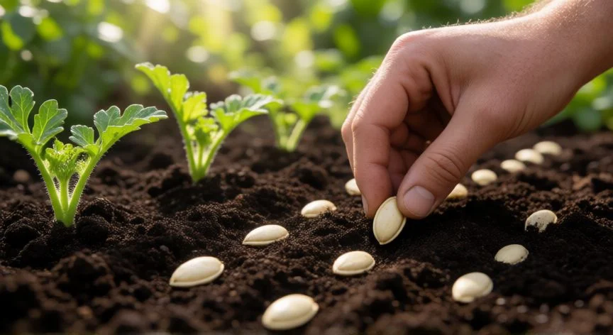 Siembra de semillas de sandía en tierra preparada con compost
