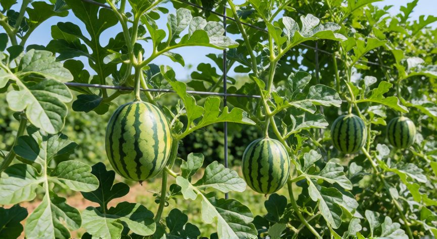 como plantar sandias, Planta de sandía creciendo en tutor con frutos jóvenes