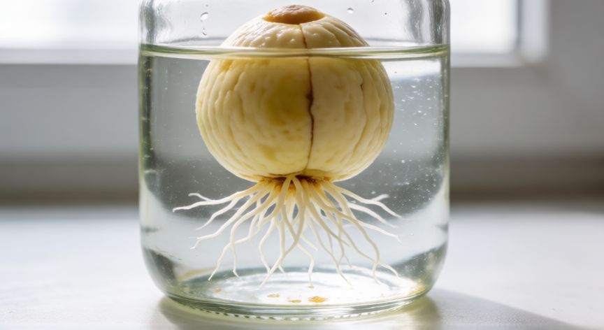 como plantar semilla de aguacate, Semilla de aguacate germinando en vaso con agua mostrando raíces blancas