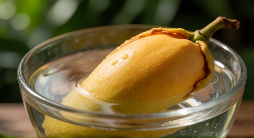 como plantar semilla de mango, Semilla de mango sumergida en agua durante el proceso de pre-germinación
