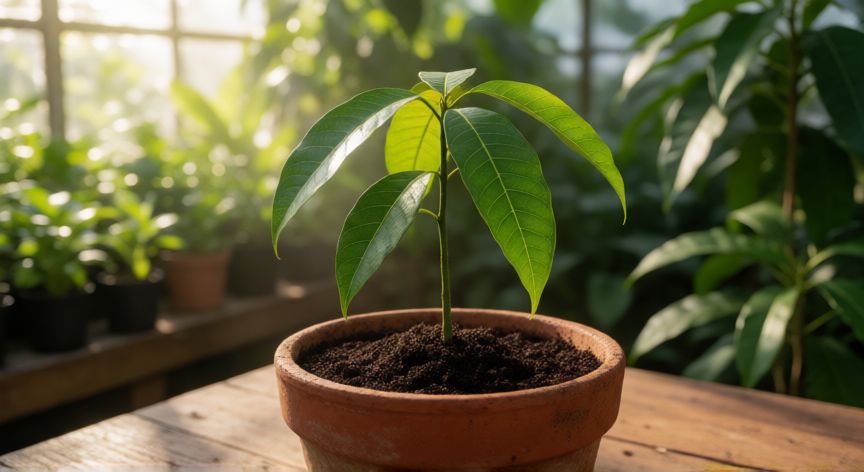 como plantar semilla de mango, Joven árbol de mango en maceta listo para su trasplante al exterior