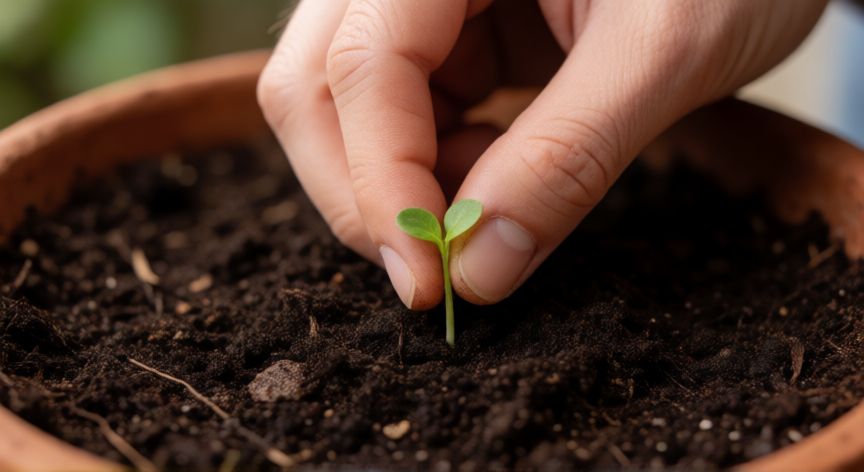como plantar semillas, Manos plantando una semilla en tierra fértil de maceta