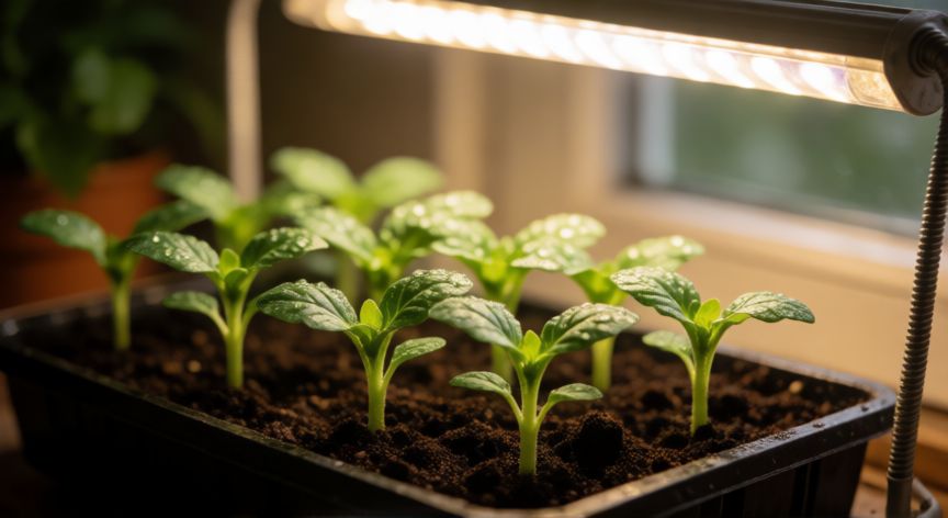 como plantar semillas, Plántulas verdes brotando de tierra bajo luz de cultivo