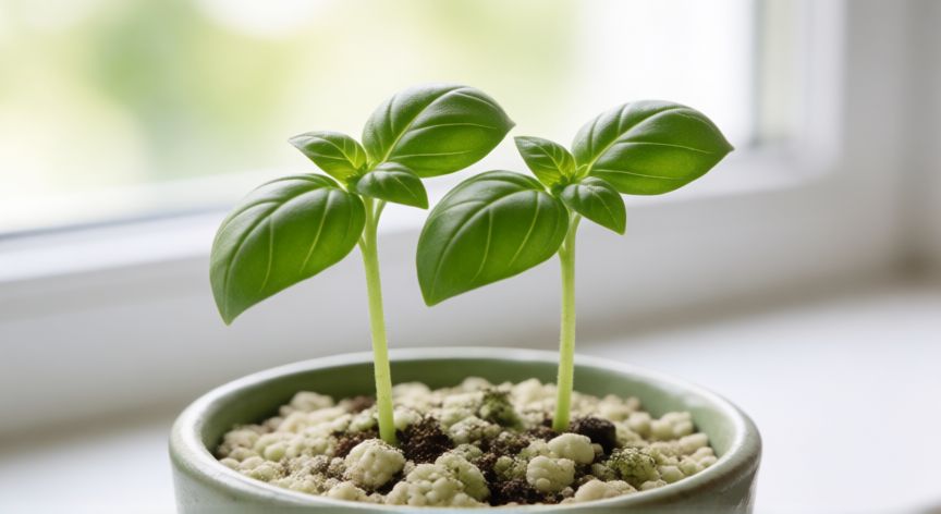 como plantar semillas de albahaca, Plántulas de albahaca jóvenes mostrando sus primeras hojas verdaderas