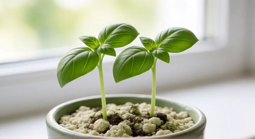 como plantar semillas de albahaca, Maceta de albahaca frondosa junto a una ventana soleada con esquejes en agua