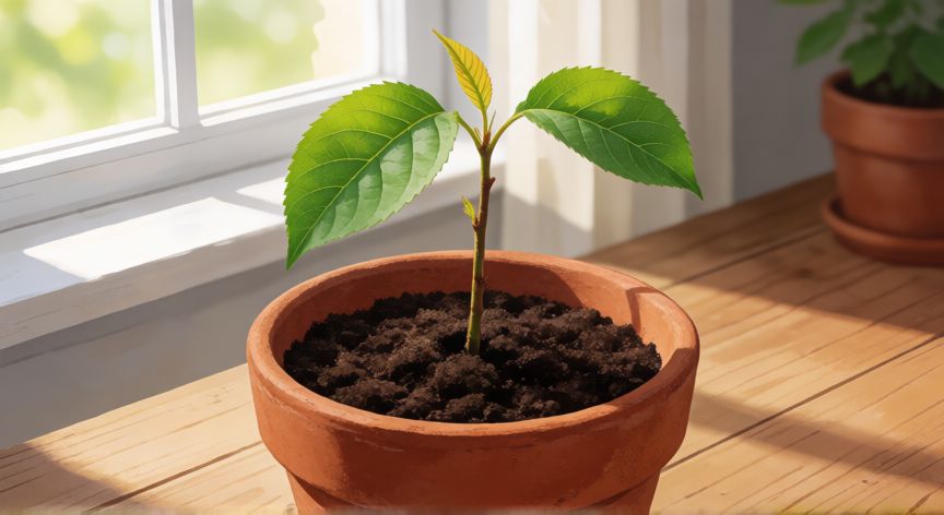 como plantar semillas de albaricoque, Plántula joven de albaricoque cultivada en maceta con sustrato adecuado