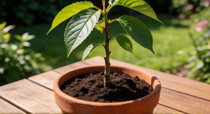 cómo plantar semillas de cereza, Joven arbolito de cerezo en maceta listo para trasplante