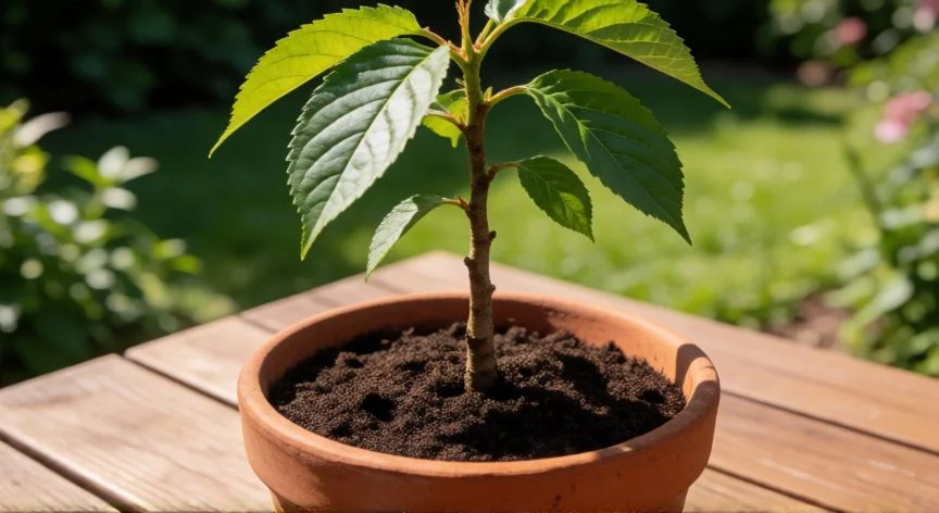 cómo plantar semillas de cereza, Plántula joven de cerezo en maceta junto a ventana soleada
