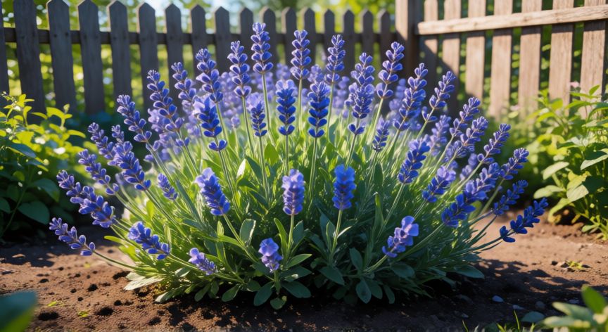 como plantar semillas de lavanda, Planta de lavanda madura y sana floreciendo en un jardín soleado con buen drenaje