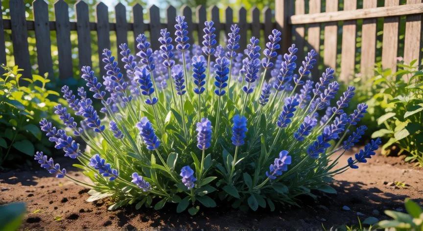como plantar semillas de lavanda, Jardín de lavanda en flor con espigas púrpura y abejas bajo sol mediterráneo