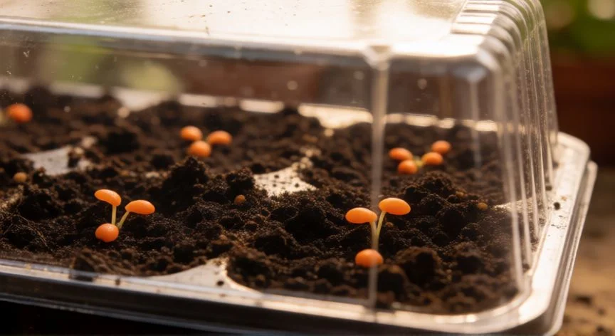 Sustrato y semillas de tomate preparadas para la germinación