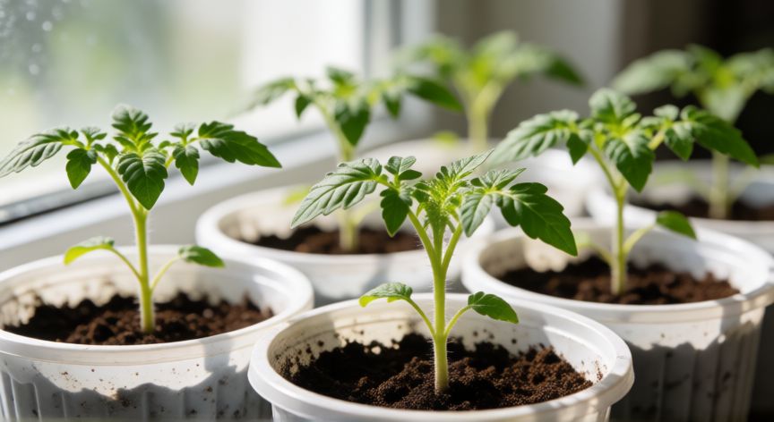 como plantar semillas de tomate, Plántulas jóvenes de tomate en macetas individuales recibiendo luz