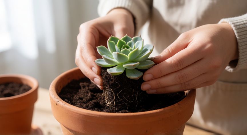 como plantar suculentas, Personas plantando una suculenta en una maceta de terracota