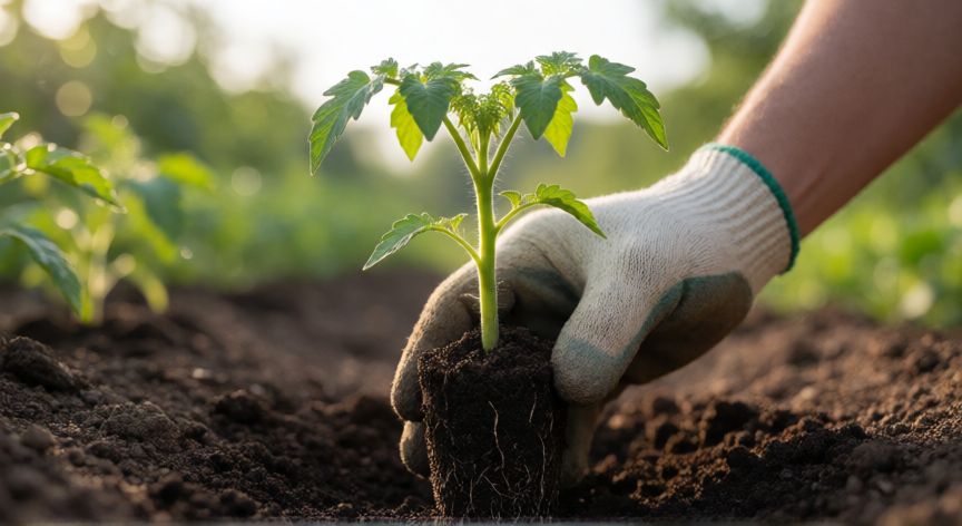 como plantar tomates, Planta de tomate joven siendo enterrada para generar raíces