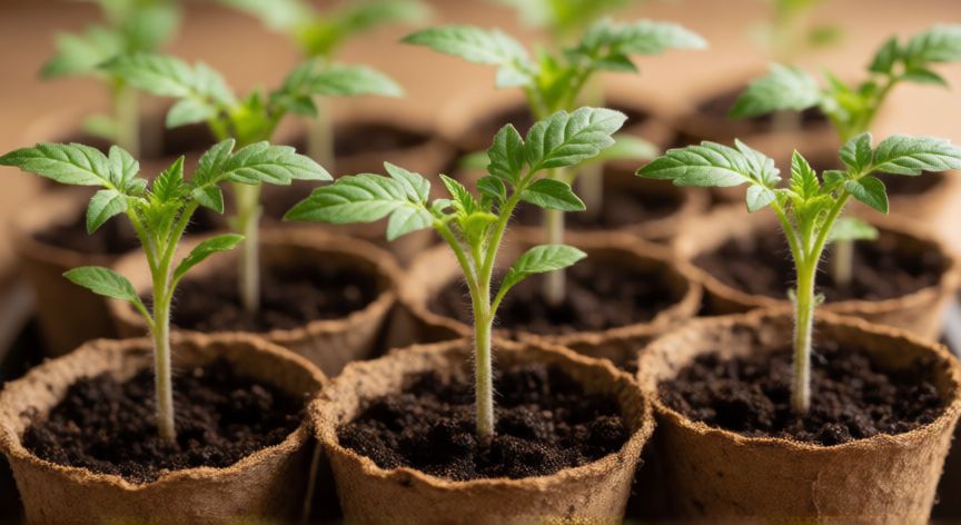 como plantar tomates cherry, Plántulas jóvenes de tomate cherry en macetas pequeñas con sustrato húmedo
