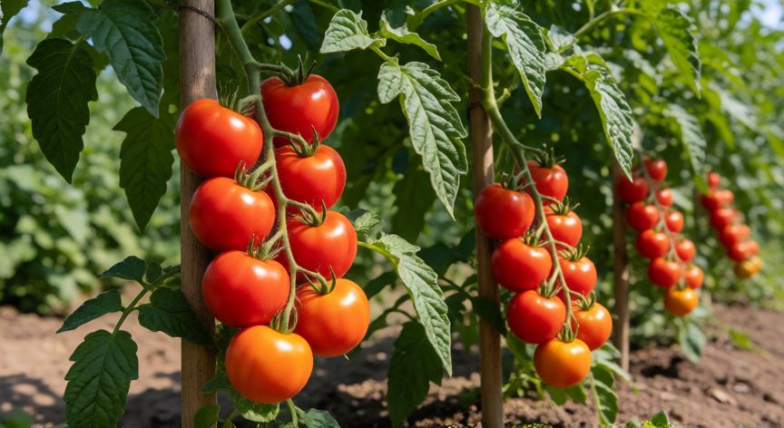 como plantar tomates cherry, Planta madura de tomate cherry con frutos rojos maduros en un jardín soleado