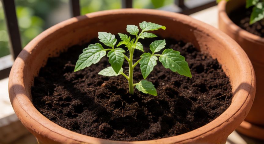 como plantar tomates cherry en maceta, Joven plántula de tomate cherry en una maceta de terracota con sustrato fértil